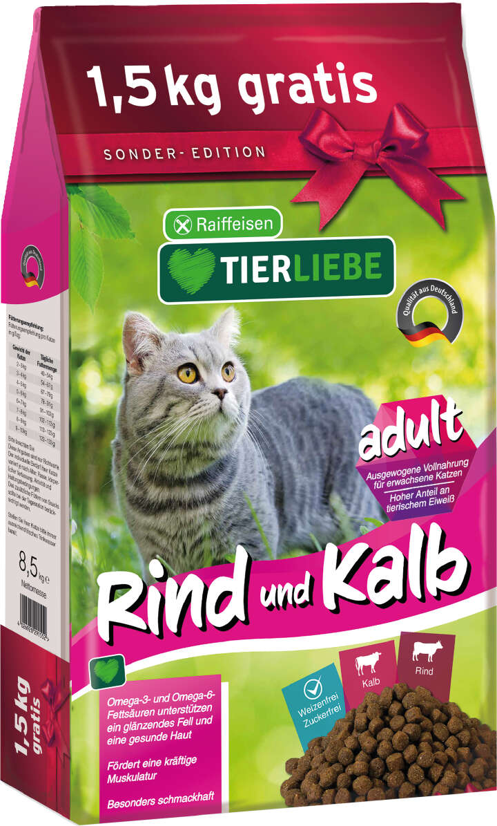 TIERLIEBE Katzen-Trockenfutter Rind + Kalb 7 kg + 1,5 kg GRATIS